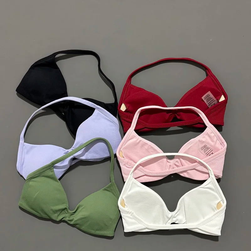 Sports Strappy Bra Yoga Underwear Women Gym Top Running Exercise Backless Bra High Support Active Wear Fitness Workout Halter