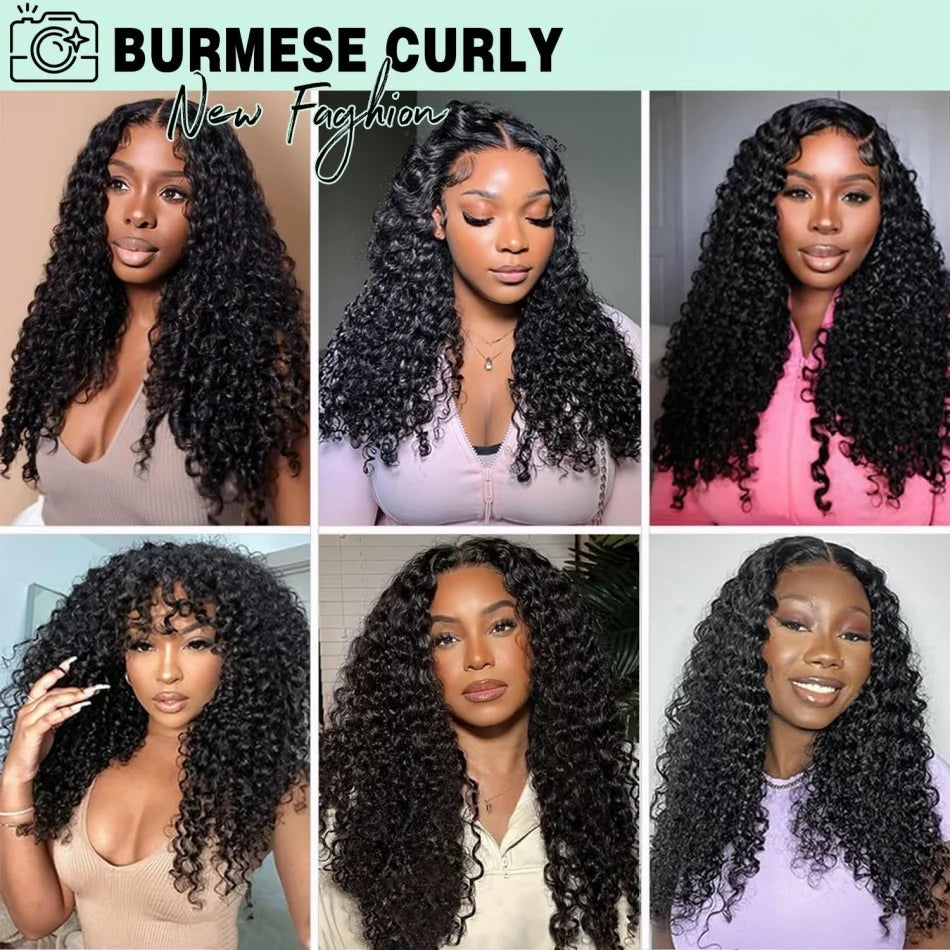 Burmese Curly Human Hair 3 IN 1 Half Wigs Glueless Wig Human Hair For Women Half Wig Drawstring Headband Wig Brazilian Hair