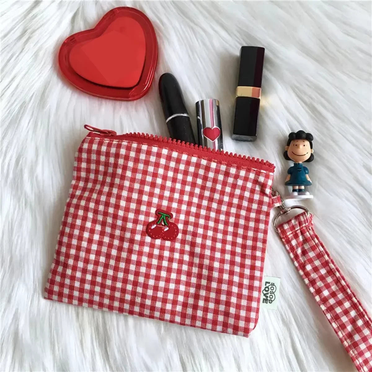 Red Cherry Canvas Makeup Bag, Portable and Easy to Carry. Red Plaid, Large Capacity Cosmetic Lipstick Storage Bag.