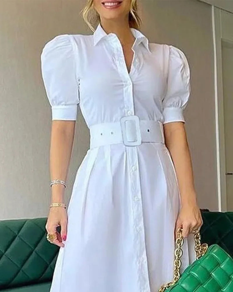 High Waist Temperament Solid Color Mid Length Skirt robe Slim Fit Bubble Sleeve Dress With Belt Robe 2024 Spring Womem Clothing