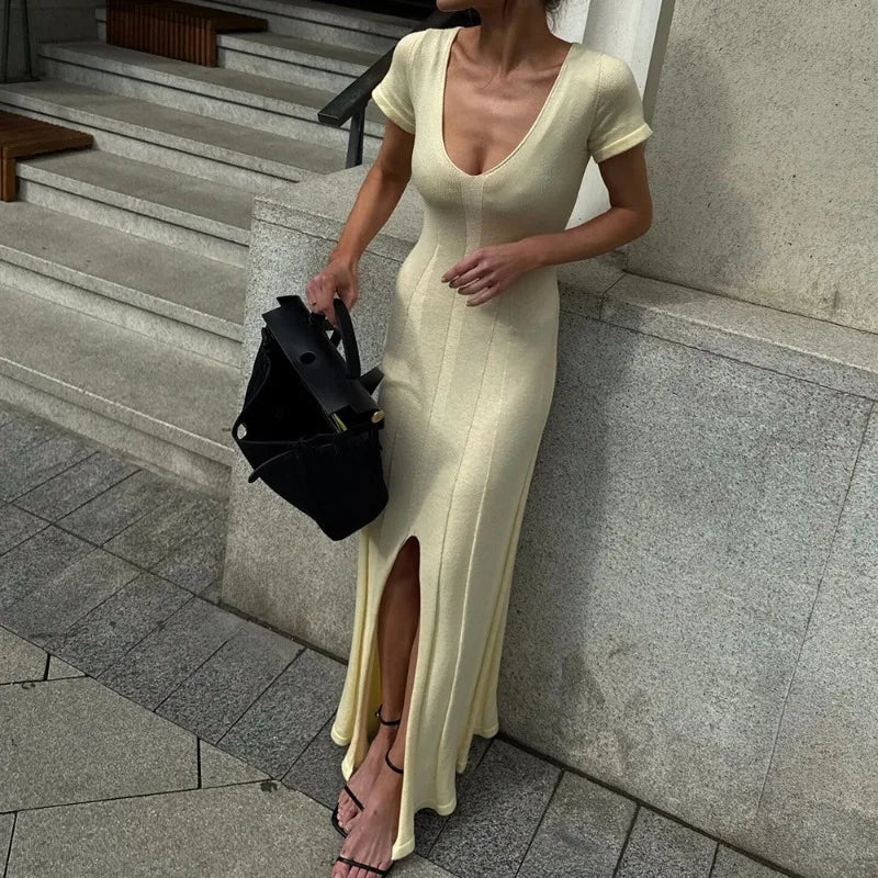 Tsiisd Ribbed Knit Maxi Dress For Women Deep V-Neck Slim High Slit Elegant Patchwork Commute Party Dress Women Knitwear Dress