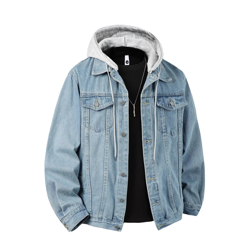 Autumn Winter Hooded Denim Jackets Men Casual Streetwear Outerwear Solid Color Loose Couple Denim Coats Hat Detachable Jacket