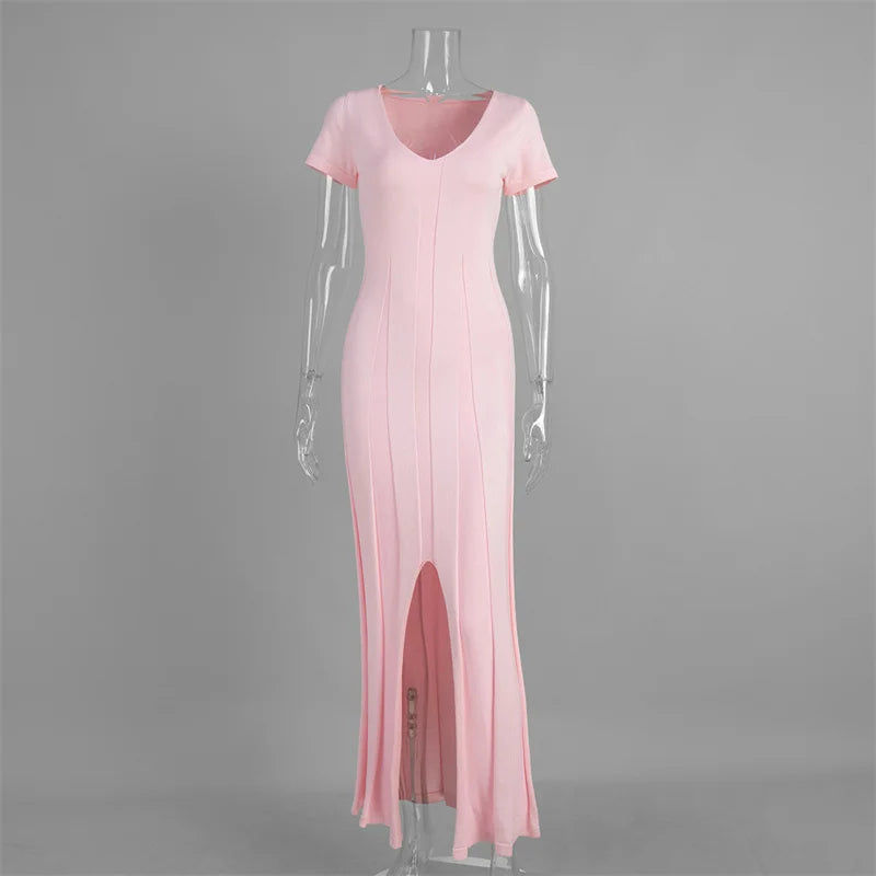 Tsiisd Ribbed Knit Maxi Dress For Women Deep V-Neck Slim High Slit Elegant Patchwork Commute Party Dress Women Knitwear Dress