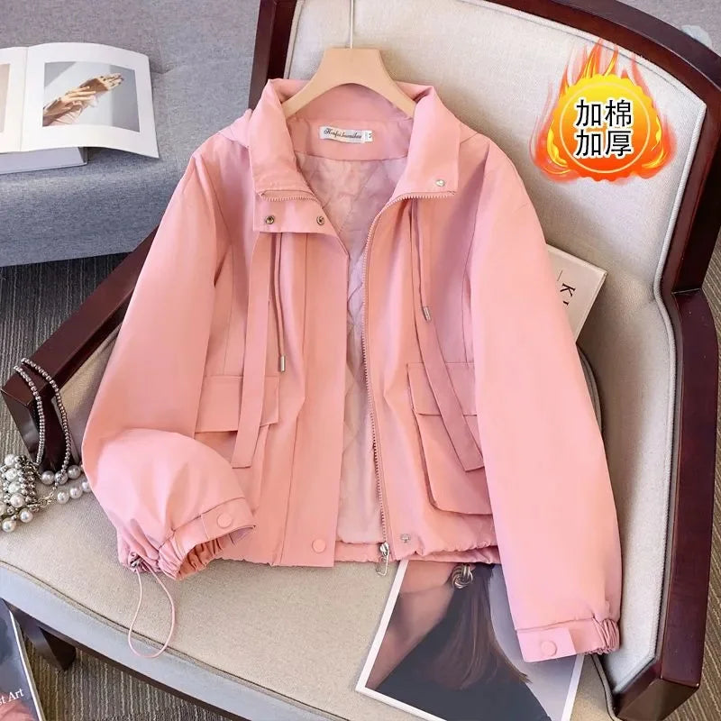 Short Hooded Jacket Women's Spring Autumn 2026 New Lady Loose Thin Work Jacket Top Solid Casual Student Zipper Outwear
