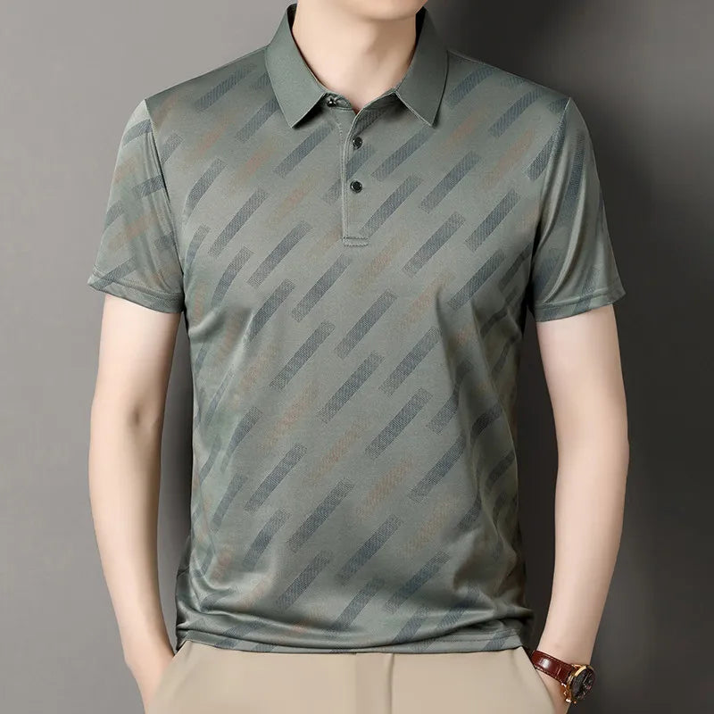 Men's Fashion Polo Shirt Short Sleeve Lapel Collar Diagonal Striped Print Casual Business Golf Tops
