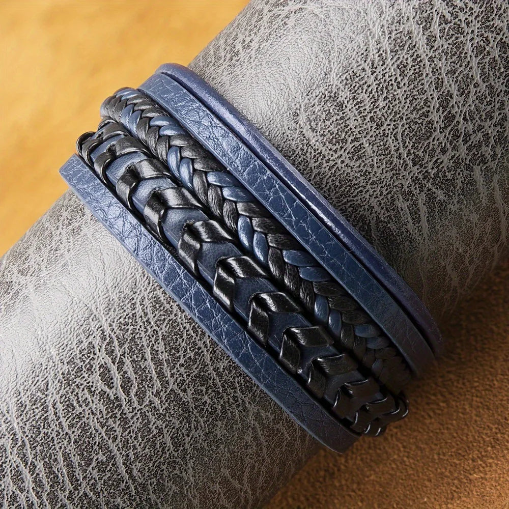 1pc Fashion Accessories MEN'S Multi-layered Vintage Leather Rope Braided Bracelet Alloy Magnetic Buckle Bracelet