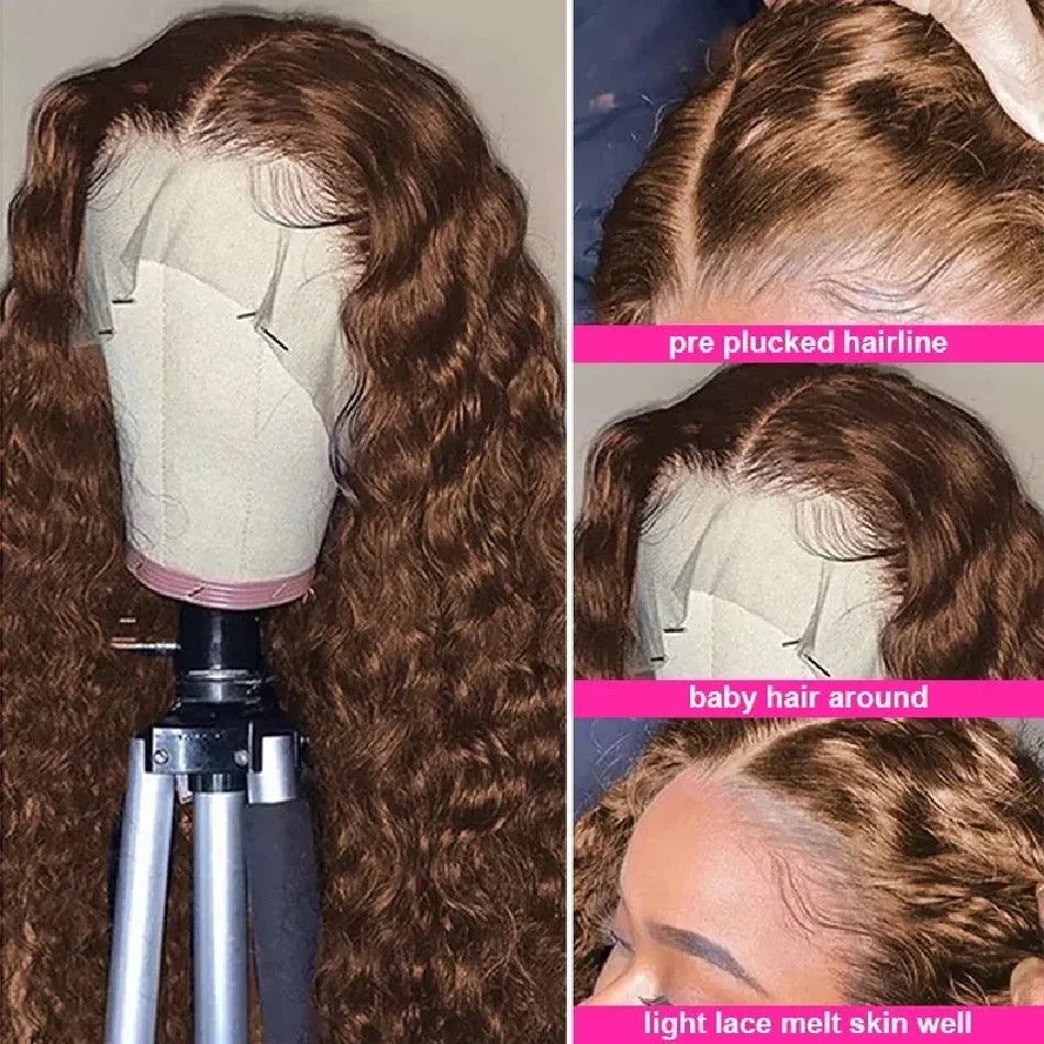 Chocolate Brown Curly Lace Front Human Hair Wigs 13X6 Lace Frontal Wig Brazilian Deep Wave Colored Bleached Wigs For Women