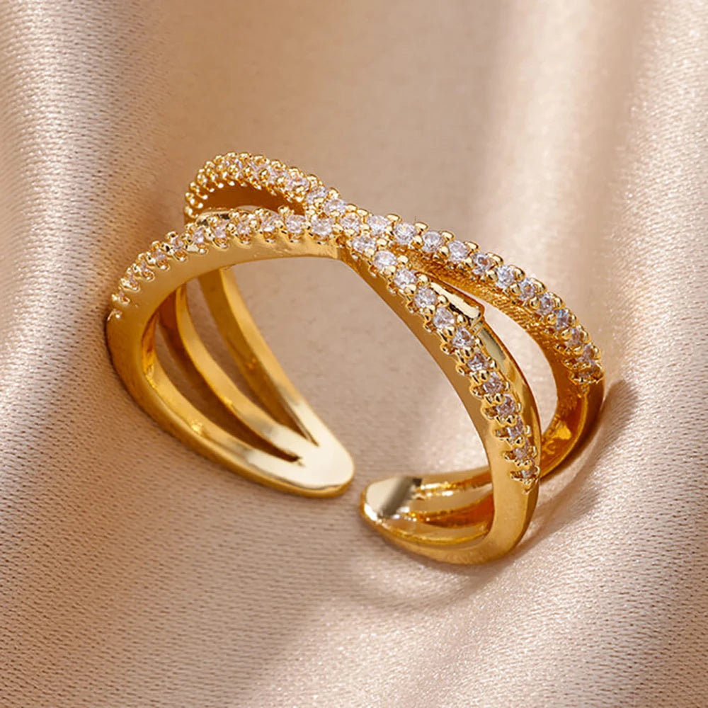 Fashion Chain Hollow Out Rings For Women Gold Color Stainless Steel Zircon Cross Open Ring Trendy Wedding Aesthetic Jewerly Gift