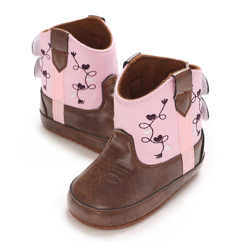 Western Cowboy Princess Baby Boots 0-18M Infant Pre-Walker Shoes Soft Sole Embroidered Footwear for Newborn Girls