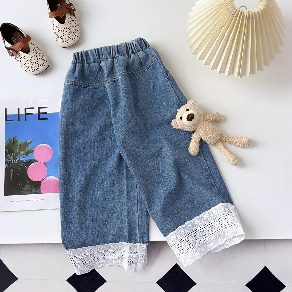 Bear Leader Summer New Blue Jeans 2-7-year-old Simple Kids Clothes Girls Korean Edition Fashion Lace Decoration Casual Pants