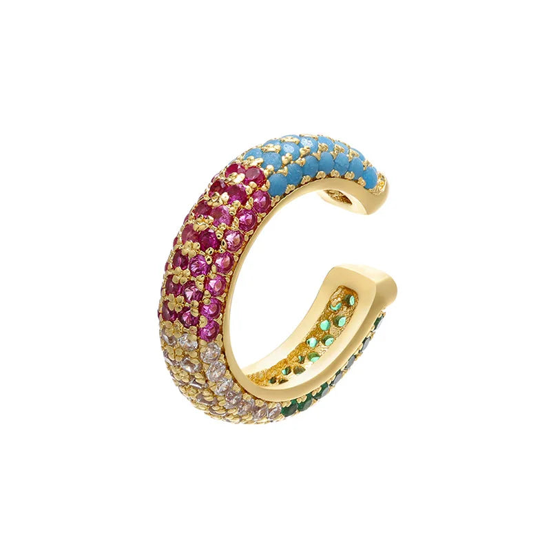 1 Piece Ear Clip on Earring Cuff Rainbow CZ Gold Silver Color Earing Jewelry Aretes Non Pierced Blue Black Clear Clipping