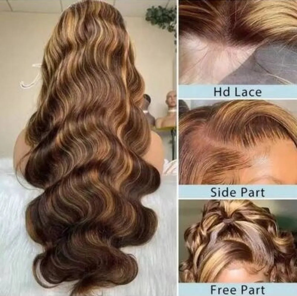 13x4 HD Highlight Body Wave Lace Front Wigs Human Hair For Women Glueless Pre Plucked 4/27 Colored 200% Density With Baby Hair