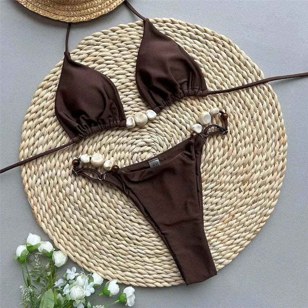 Solid Green Swimwears Sexy Halter Triangle Bead String Bikini Mini Micro Thong Swimsuit Woman 2026 Summer Brazilian Bikinis Sets