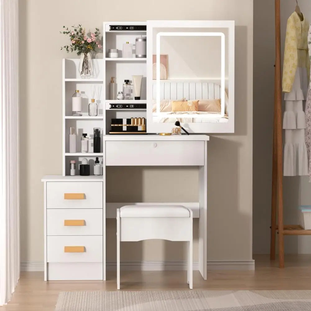 Bedroom Dressing Table Vanity Desk with Sliding Mirror and Lights Makeup Table with Hidden Storage Space