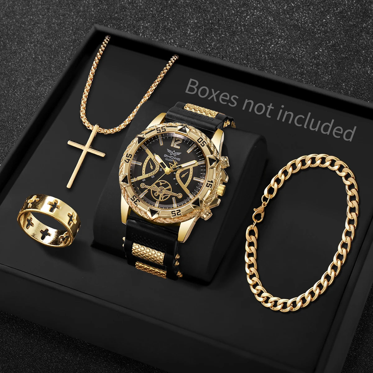4PCS Fashion Arabic Dial Men Business Quartz Watch CasuSilicone Strap Wristwatch With Necklace Set Reloj Hombre (Without Box)