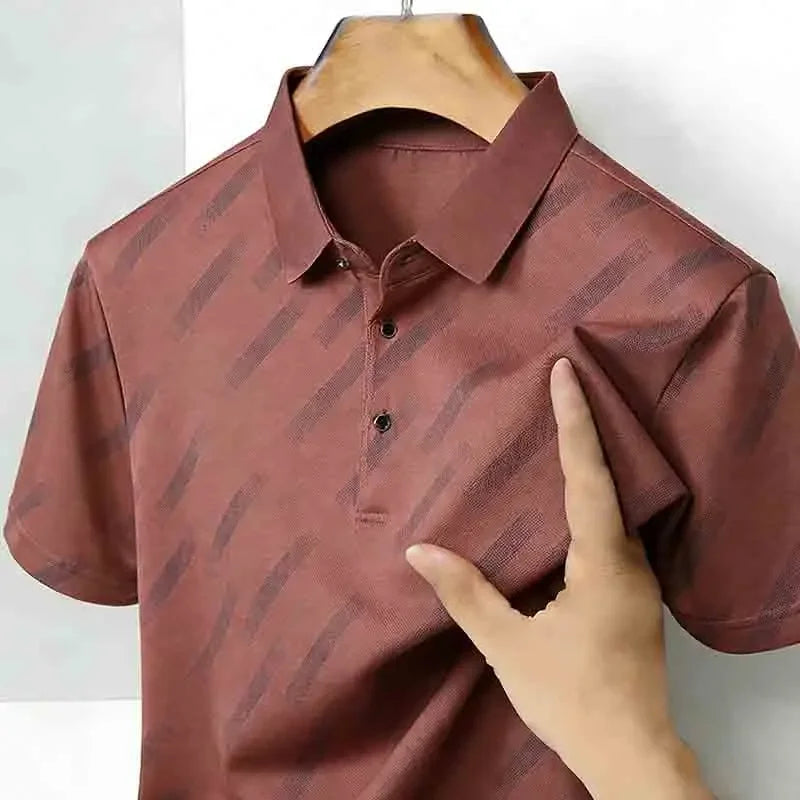 Men's Fashion Polo Shirt Short Sleeve Lapel Collar Diagonal Striped Print Casual Business Golf Tops