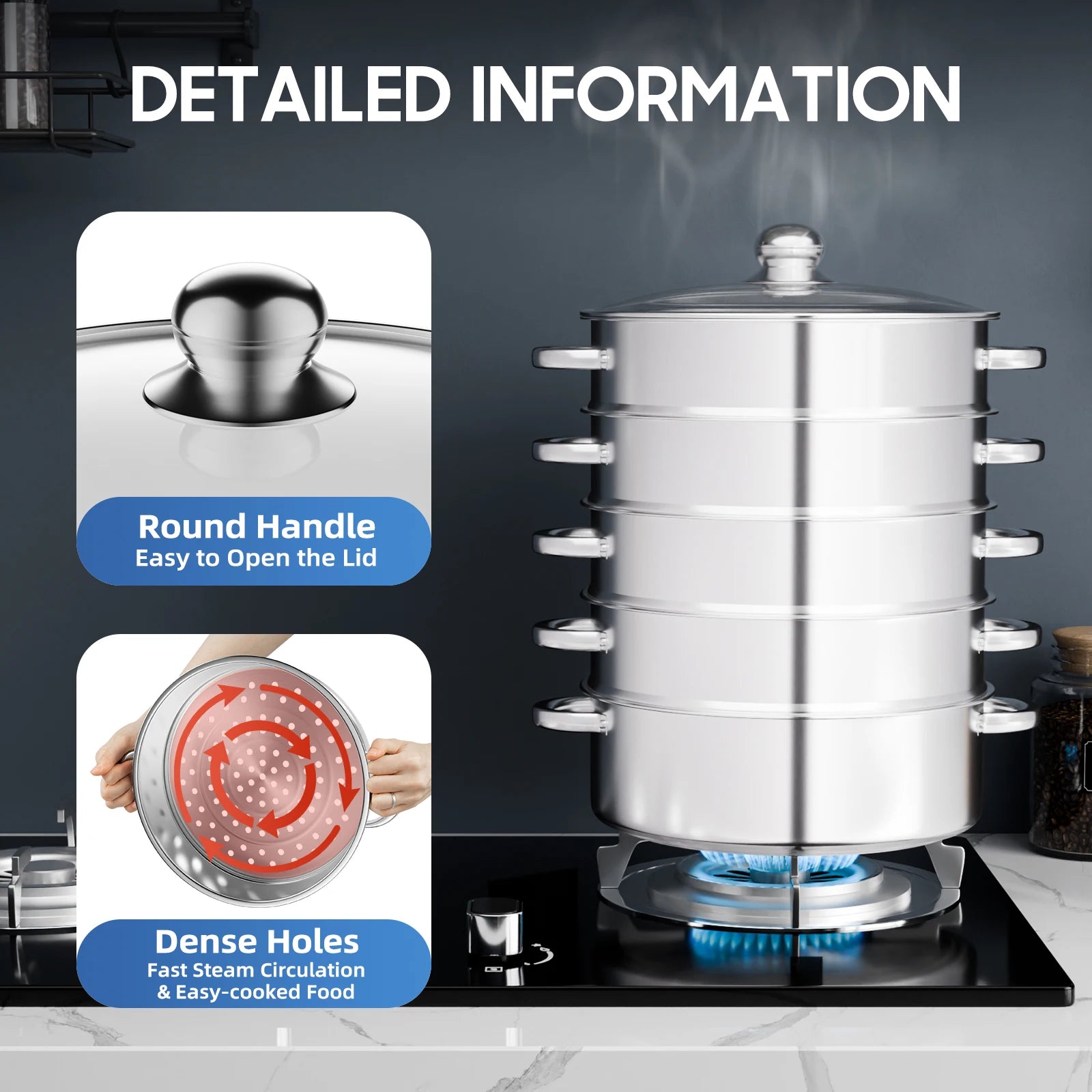 5-Layer Steamer 26cm/28cm/30cm Steam Cooker 304 Food-Grade Stainless Steel 4 Steaming Grids and 1 Cooking Pot W/ Glass Lid