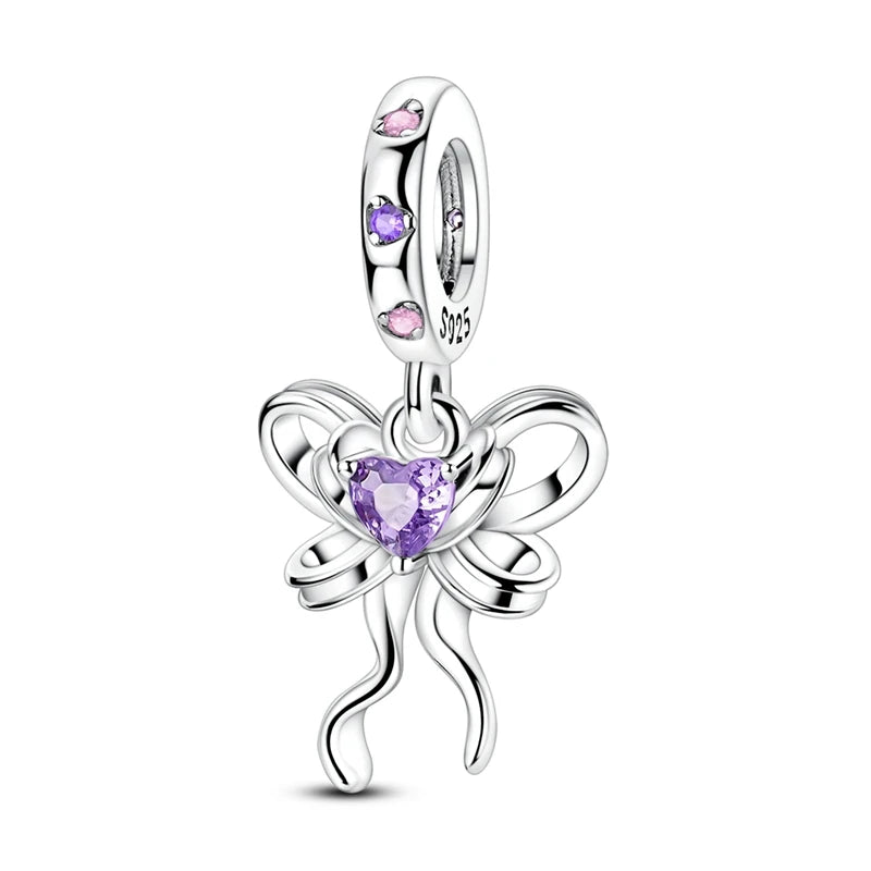 Silver Bow Charms 925 Sterling Silver Pink Heart-shaped Bow Pendants Charms Beads Fit Original S925 Bangle Bracelets DIY Jewelry