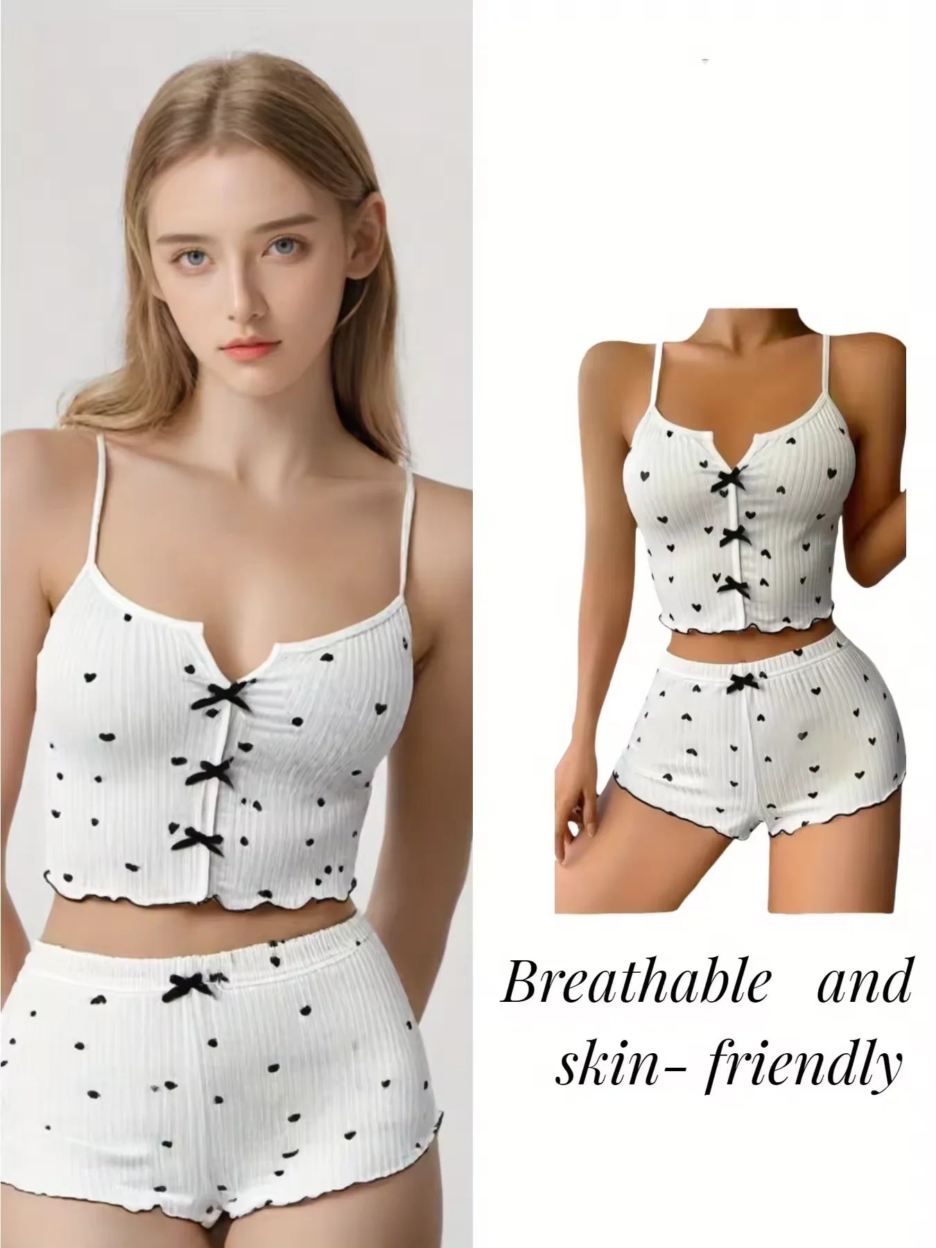 Sexy Sleepwear Women Pajamas Set Heart Print Silk Stain V-Neck Sleeveless Casual Cami Top and Shorts Sets Home Suit Loungewear