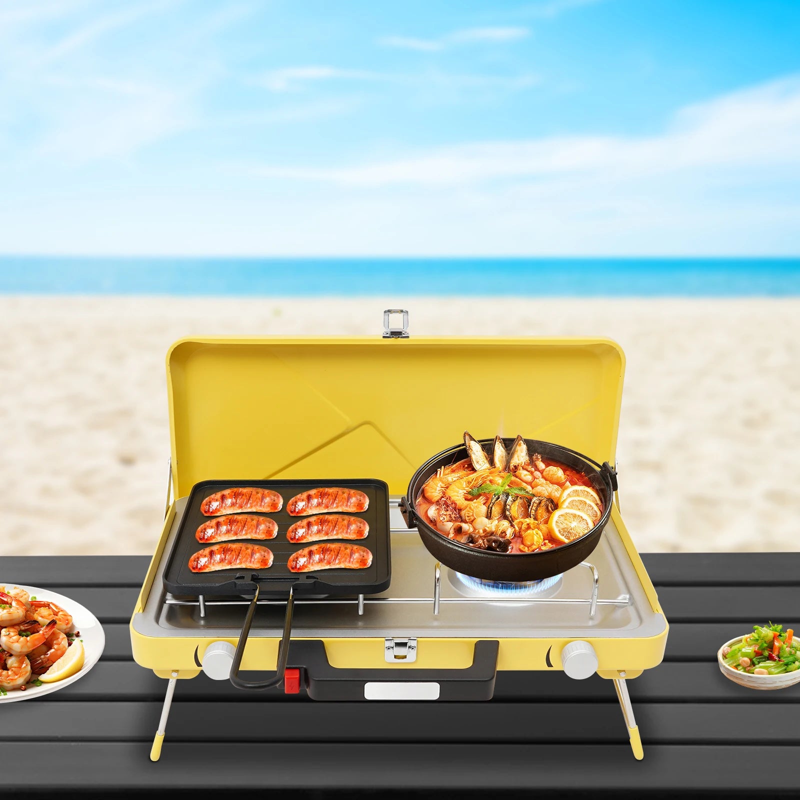 Portable Outdoor Gas Stove,Camping Stove 2 Burners 3500W with Windshield for Picnic,Camping,Family Dinner Yellow
