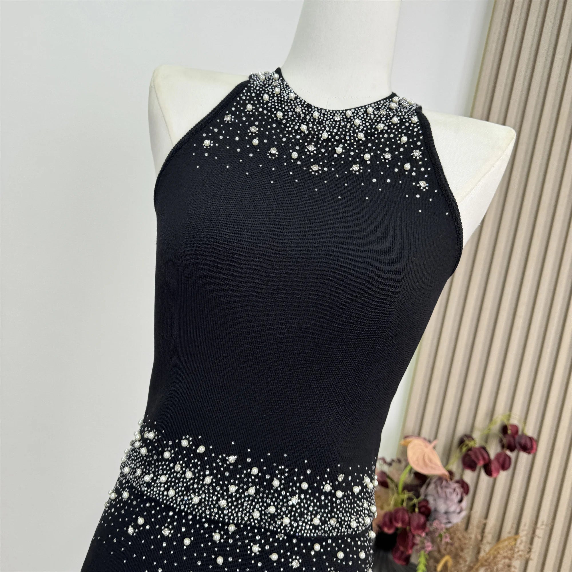 2025 Summer Diamonds Knitted 2 Piece Set For Womem Nail Bead Top + Short Skirt Two Piece y2k Outfit Ensemble Femme