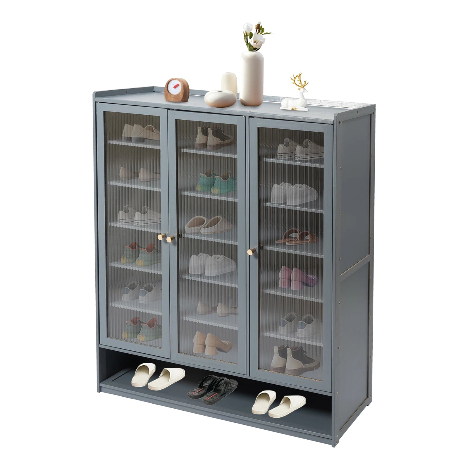 3-Door 8-Tier Dustproof Shoe Cabinet Freestanding Bamboo Shoe Rack Organizer for Hallway Entryway
