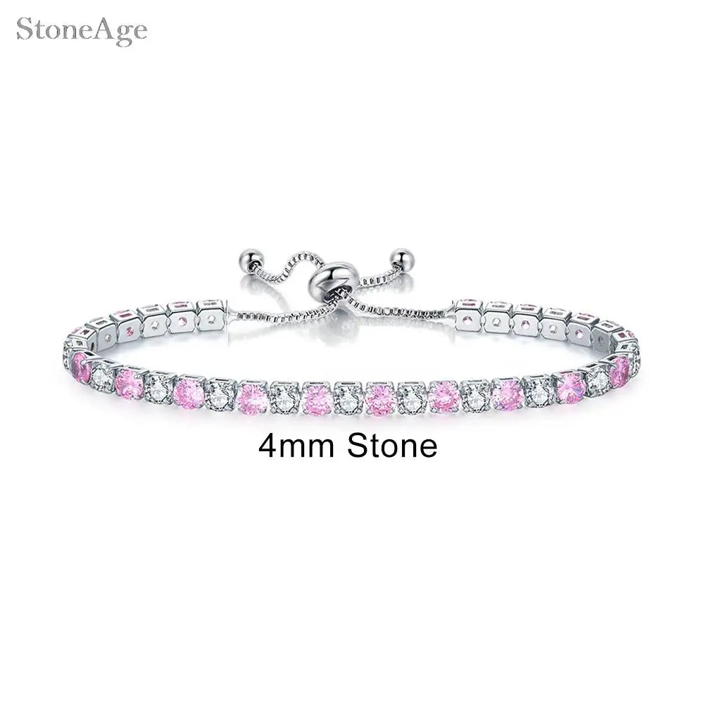 Pink Crystal Tennis Bracelets for Women Female Trend Romantic Shiny Zirconia Adjustable Folding Buckle Chain on Hand Jewelry