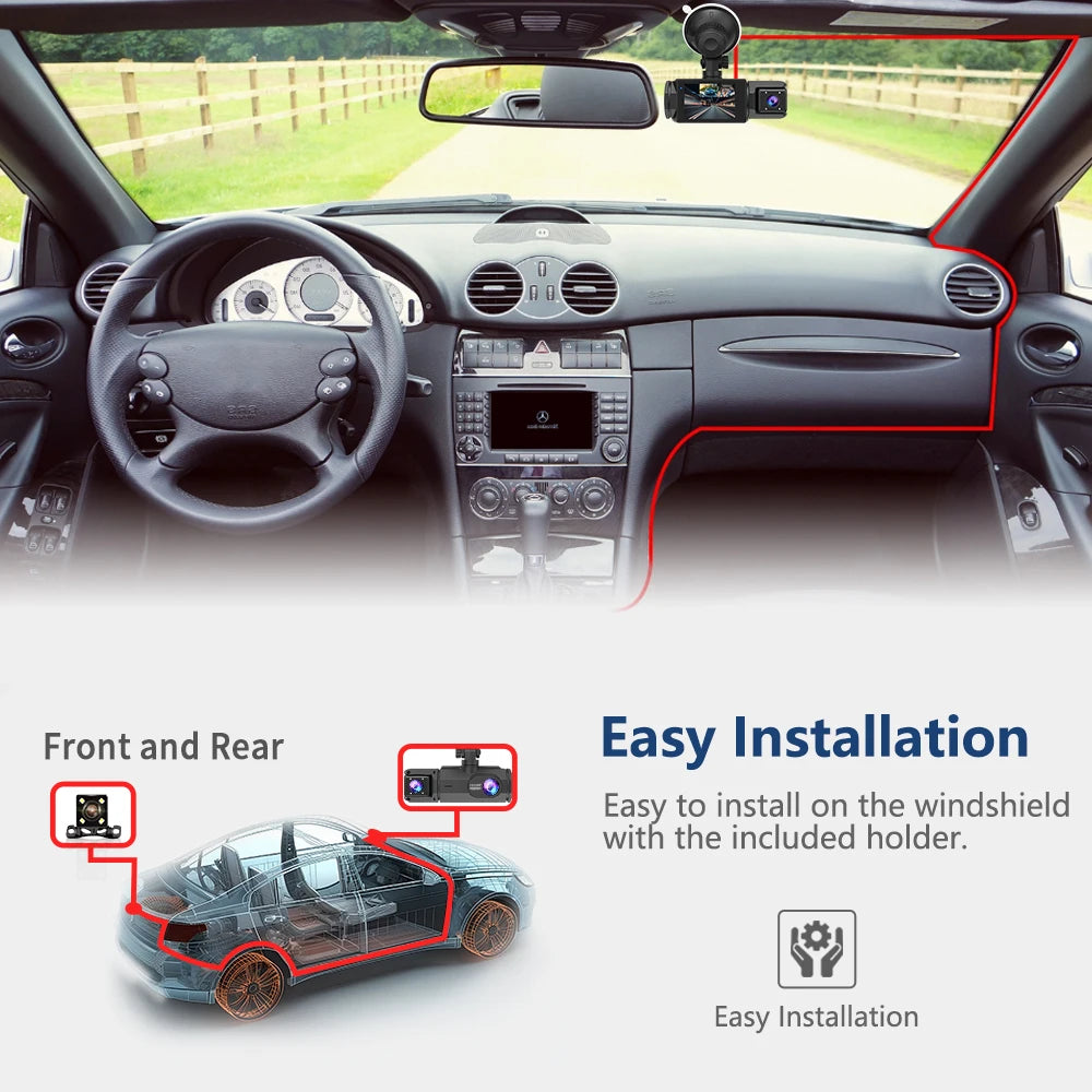 Dash Came For Cars 3 Channels FHD1080P Driving Recorder Car DVR Night Vision Loop Recording G-sensor Tachograph Dashboard Camera