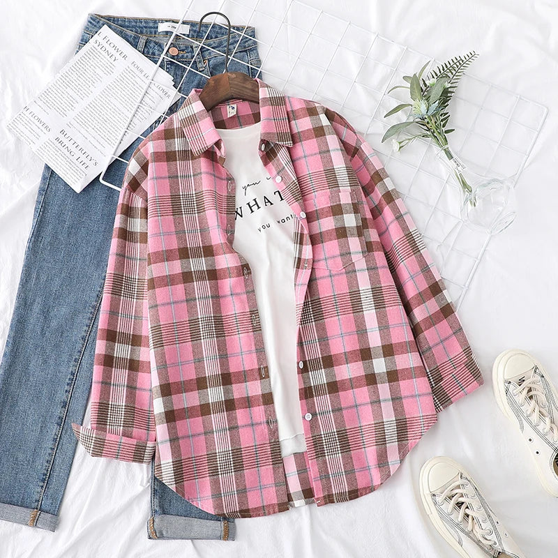 Casual Women's Plaid Shirt 2025 Spring Autumn New Ladies Loose Blouse and Tops Female Long Sleeve Shirts Fresh Checked Clothes