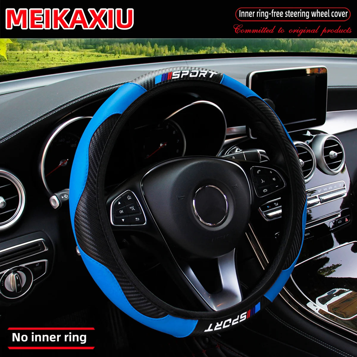 Carbon Fiber Leather Sport Steering Wheel Cover Rimless Universal Fit for 14.5-15 Inch Car Steering Wheels Decorative Accessory