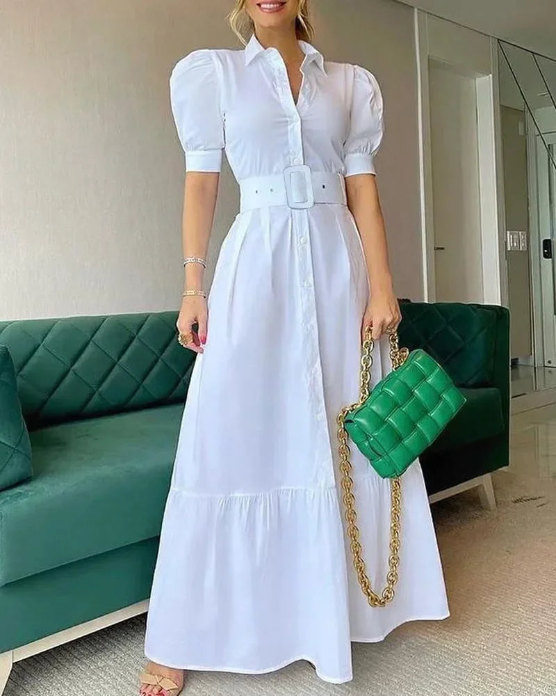 High Waist Temperament Solid Color Mid Length Skirt robe Slim Fit Bubble Sleeve Dress With Belt Robe 2024 Spring Womem Clothing
