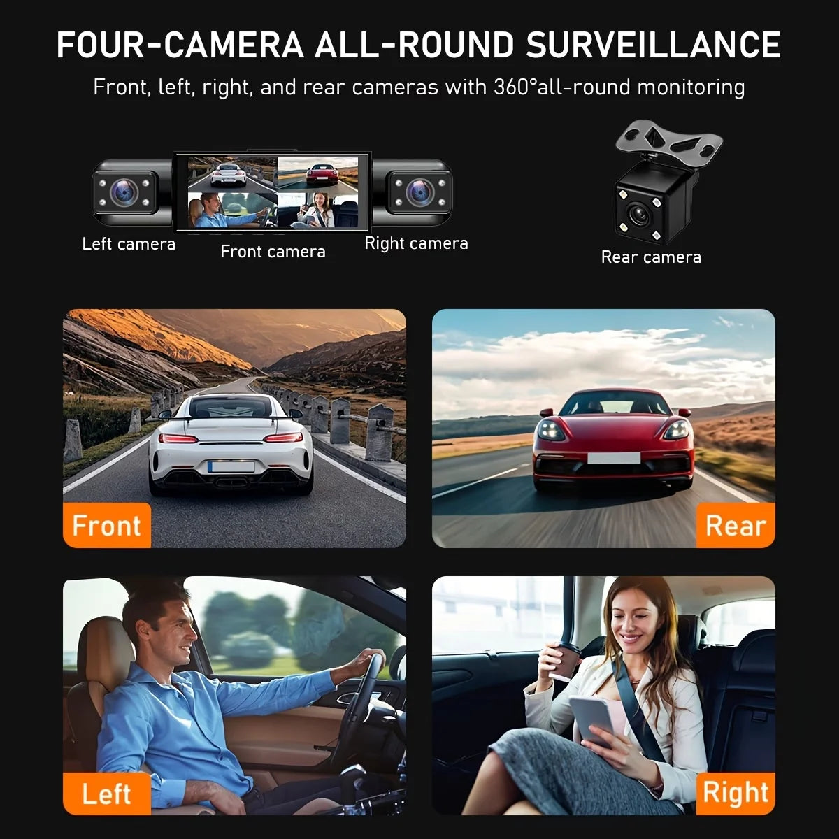 4-Camera Dash Cam: 1080p, Infrared Night Vision, Loop Recording, Front/Interior/Rear Triple-Camera Dash Cam