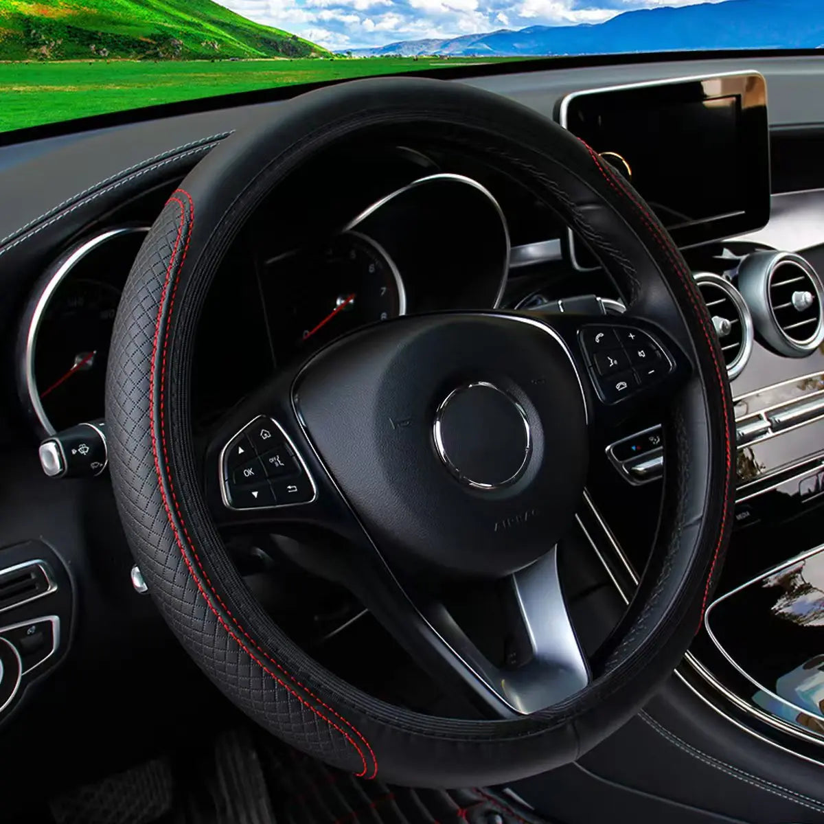 Artificial Leather Three-dimensional Embossed-car without Inner Ring Steering Wheel Cover Auto Parts for 14.5-15 Inches