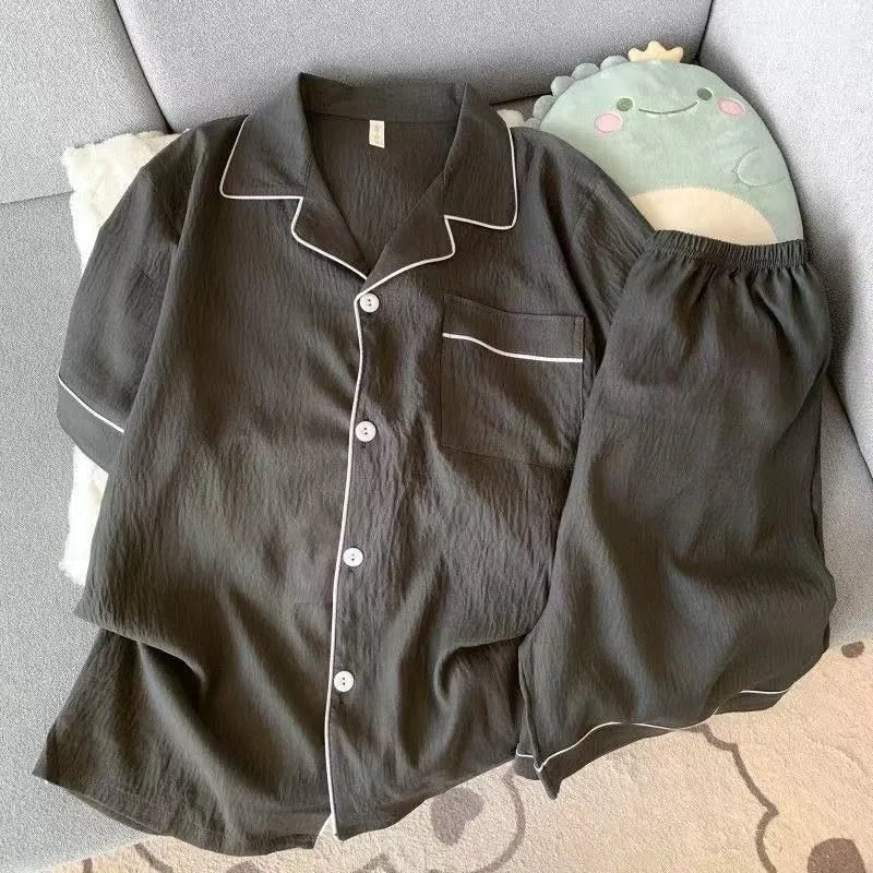 Youth Men's Slim Fit New Pajama Set Solid Color Short Sleeve Lapel Top and Elastic Shorts Pajamas Summer Loungewear Sleepwear