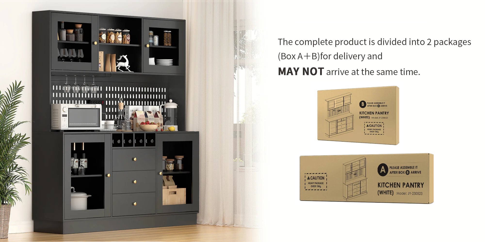 Pantry Cabinet, Kitchen Storage Cabinet, Freestanding Buffet Hutch with Pegboard, Cup Holder, Power Outlet, Black
