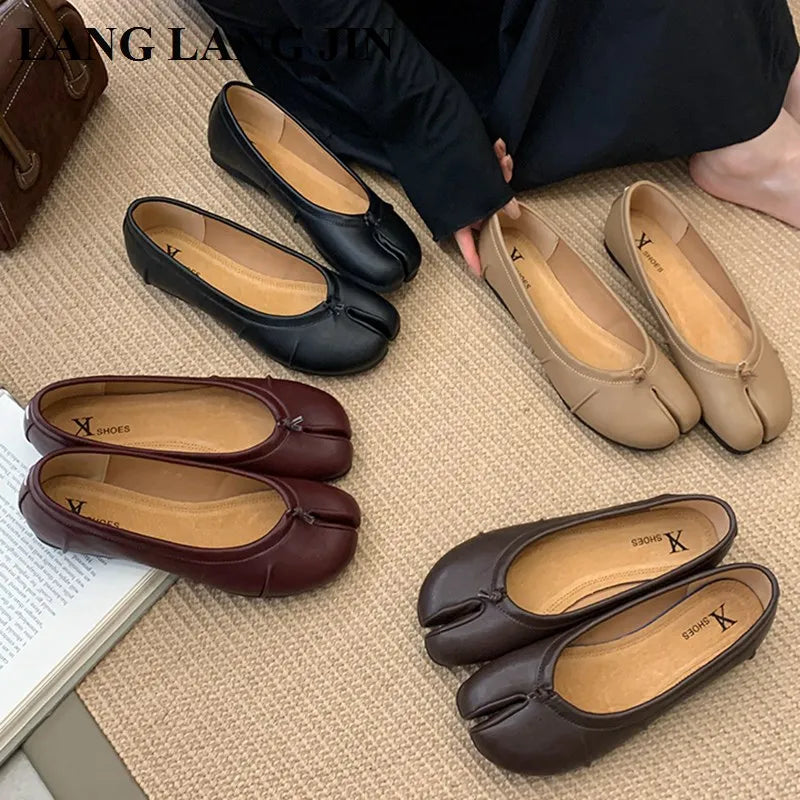 Spring Split Toe Women Ballet Flats Fashion Tabi Shoes Causal Slip On Loafer Ladies Pleated Leather Espadrilles Zapatillas Mujer