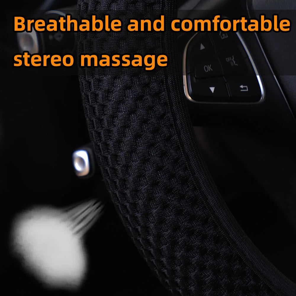 3 Car Massage Mesh Cloth Steering Wheel Cover Handbrake & Handle Cover Set Breathable No Inner Ring for 14.5-15 Inch Accessories
