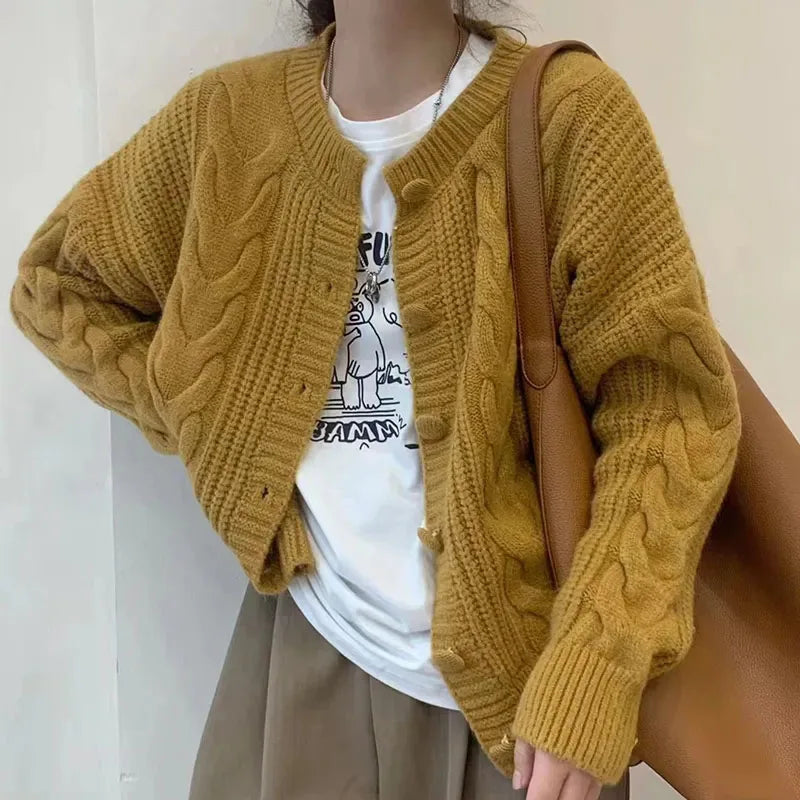 Autumn Twist Knitted Cardigan Womem Winter Thicken Warm O Neck Sweater Jacket Female Solid Button Up Long Sleeve Crop Knitwear