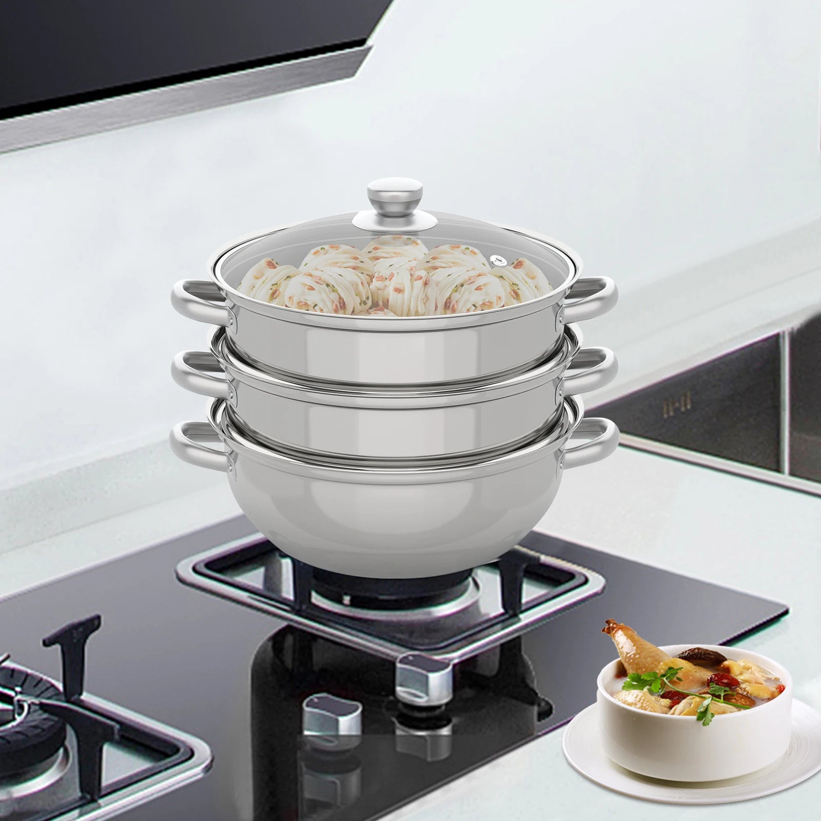 28CM Stainless Steel Steam Cooker Multi-Function 3 Tier Steamer Pot Cookware for Cooking Veg Meat Soups Seafood