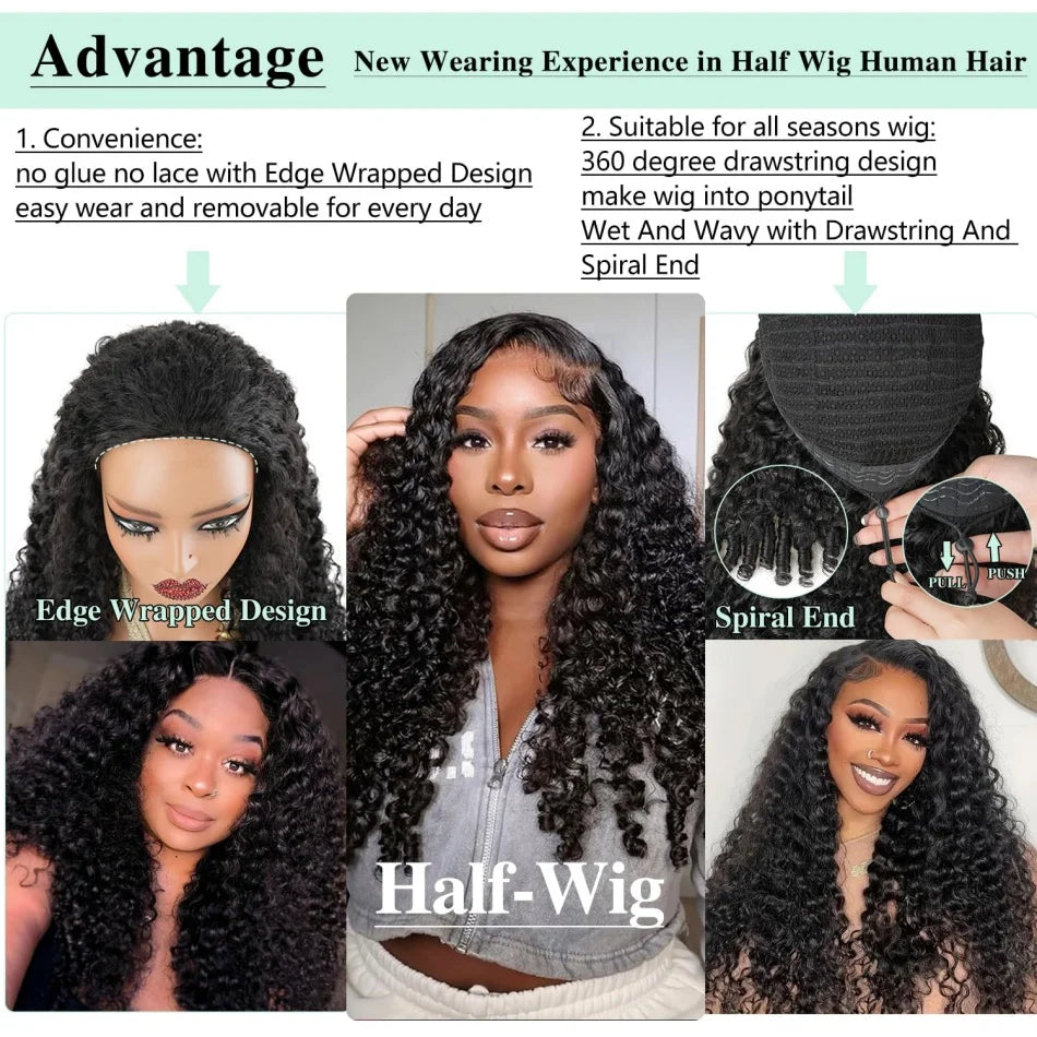 Burmese Curly Human Hair 3 IN 1 Half Wigs Glueless Wig Human Hair For Women Half Wig Drawstring Headband Wig Brazilian Hair
