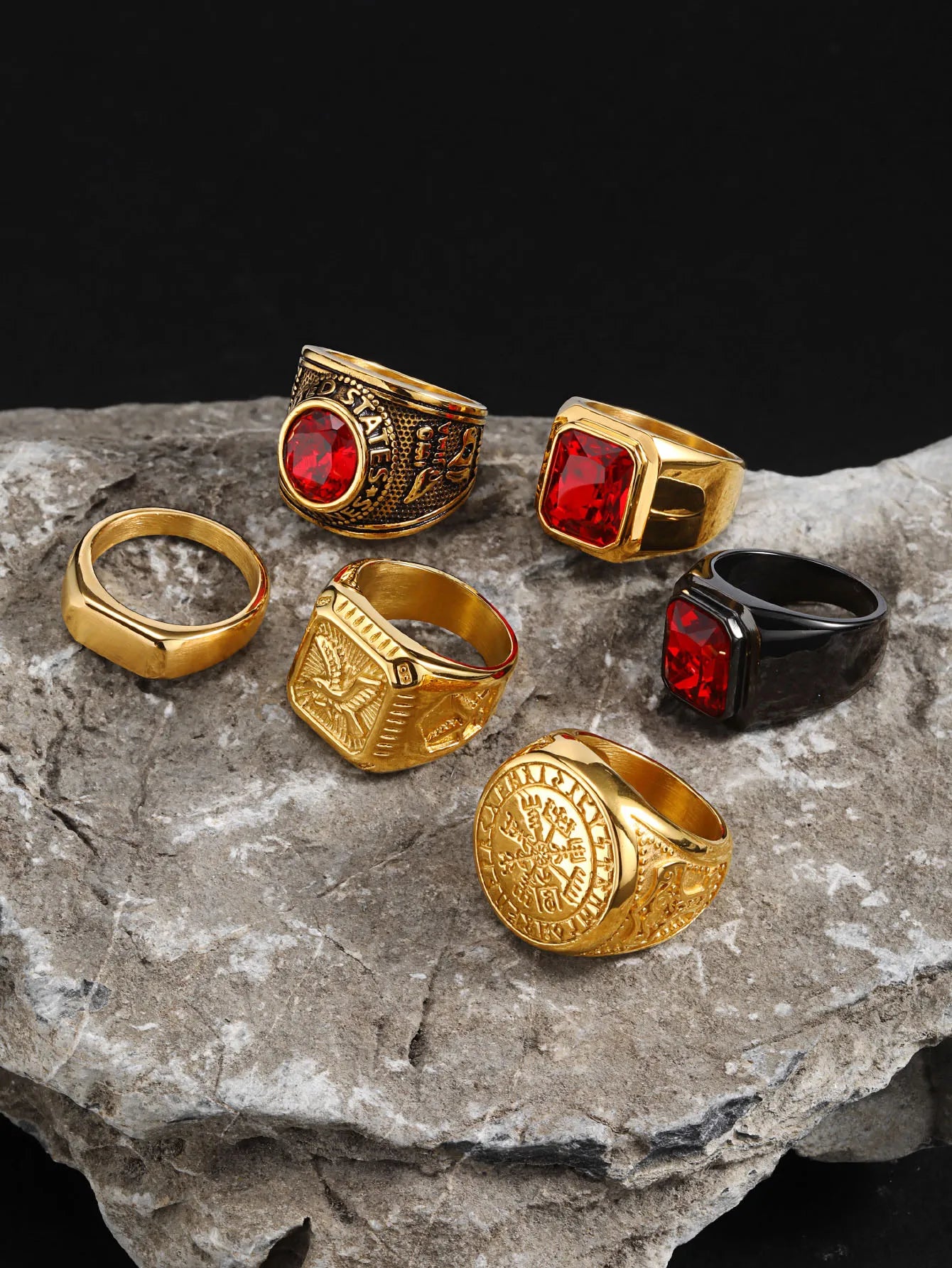 Vintage Punk Natural Red Stone Ring for Men, Gold Plated Stainless Steel Chunky Signet Ring, High Quality Fashion Jewelry Gift