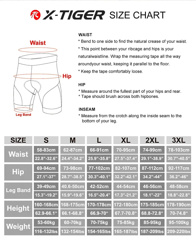 X-TIGER Cycling Underwear Men's Shorts 5D Padded Breathable Sports Riding Bike Bicycle MTB Liner Shorts with Anti-Slip Leg Grips