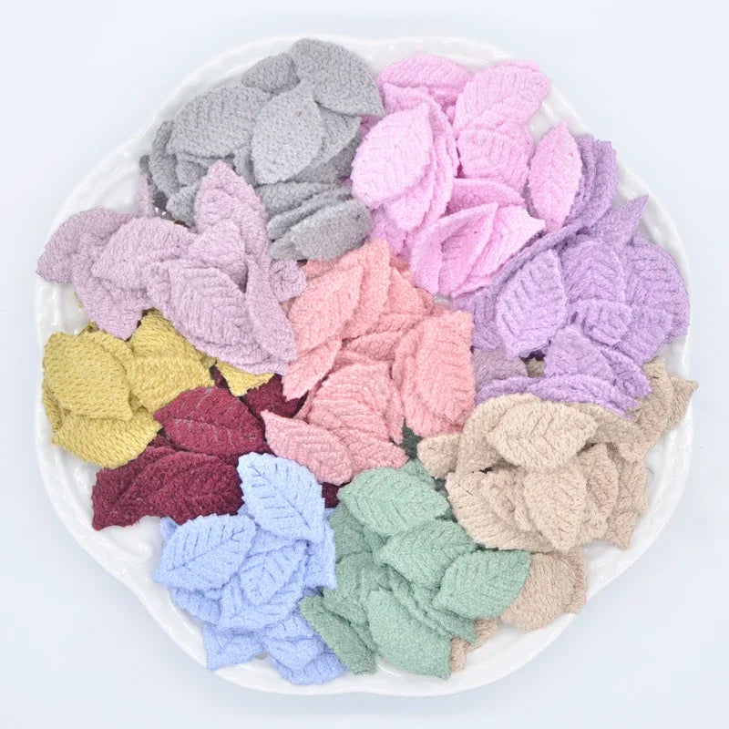 100Pcs 18*27mm Woolen Leaf Padded Flower Appliques for Children's Crafts Headwear Accessories DIY Hair Clips Earing Decoration