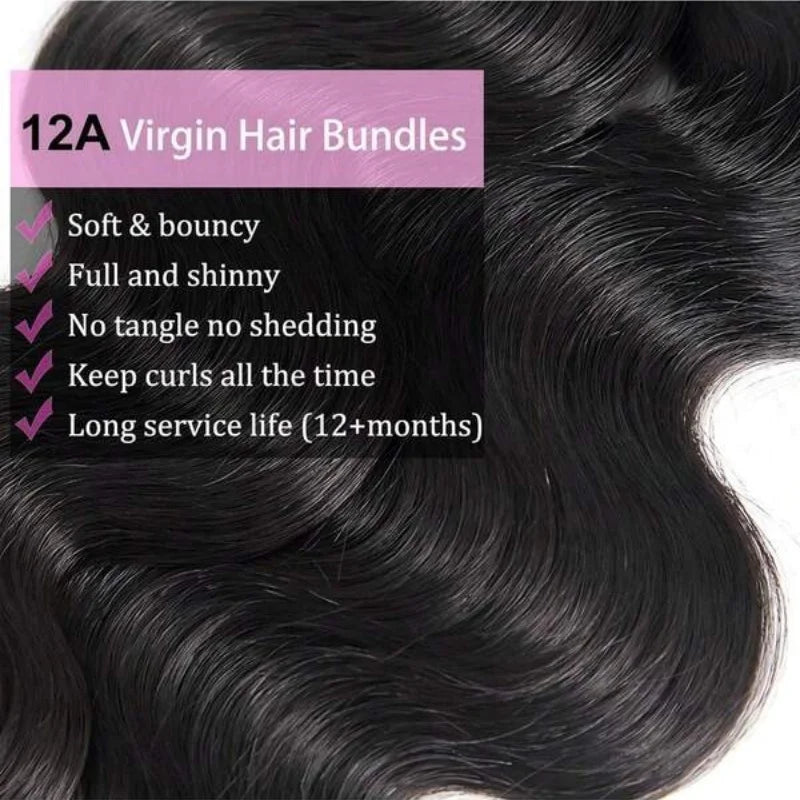 42 Inch Body Wave Human Hair Bundles Natural Black Brazilian Virgin Hair Weave 12A Unprocessed Real Human Hair Extensions Full T