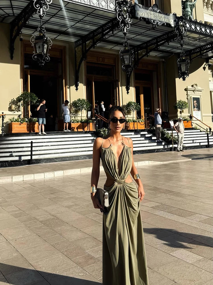 Women's Metal Trim Spaghetti Strap Maxi Dress Sexy Deep V Cutout Waist Crisscross Backless Vestidos Beach Evening Party Gown