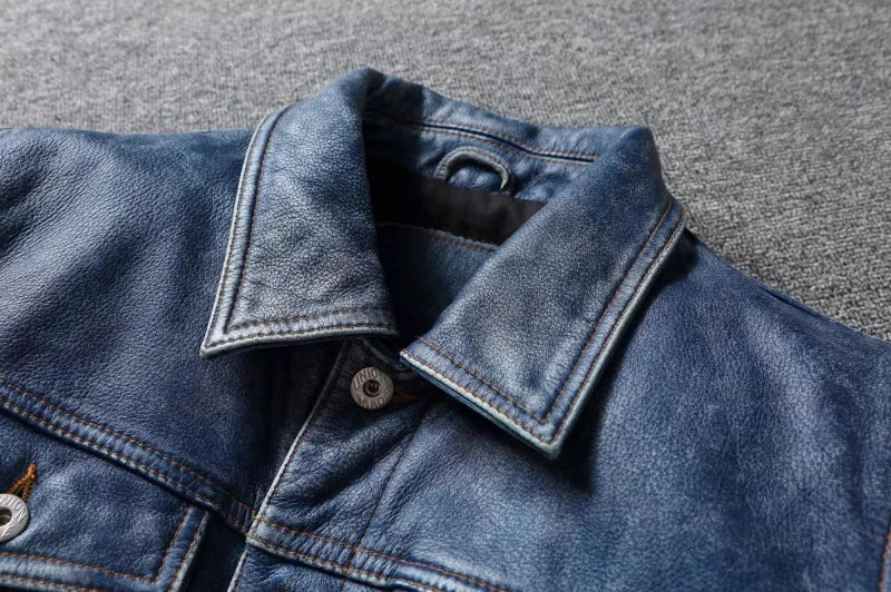 Men's Motorcycle Leather Jacket Light Blue Ami Khaki Retro Graphite Distressed Denim Genuine Leather Jacket Slim Short Jacket