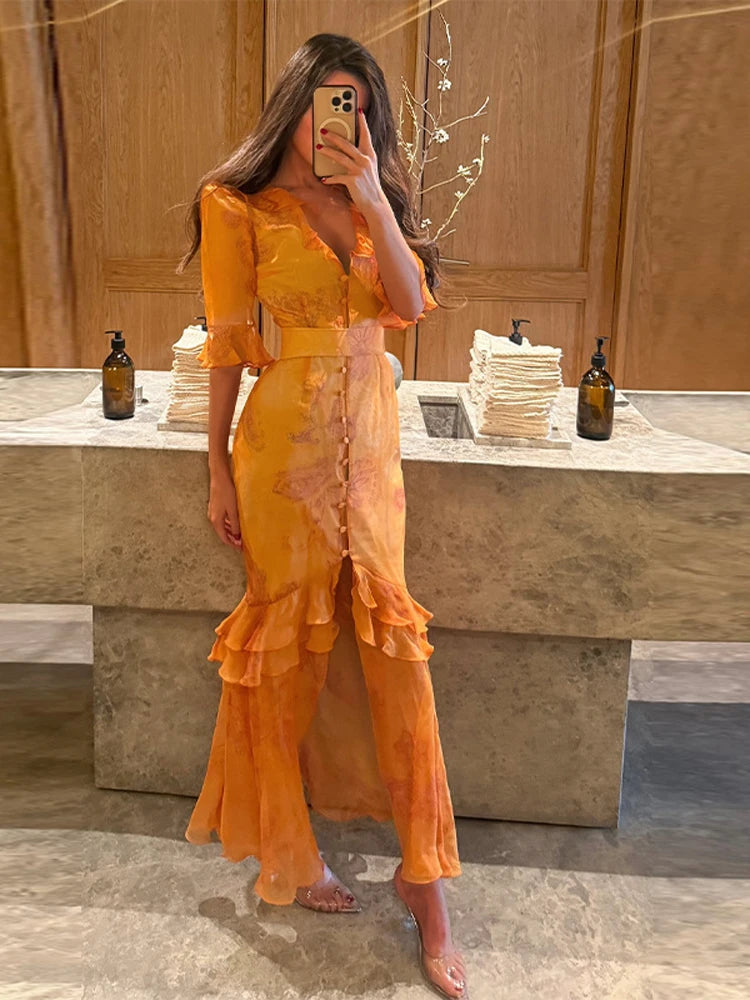 Fashion Organza Floral Printed Maxi Dress V-Neck Puff Sleeve 2026 Spring/Summer Romantic Women Party Gown Elegant Lady Vestido