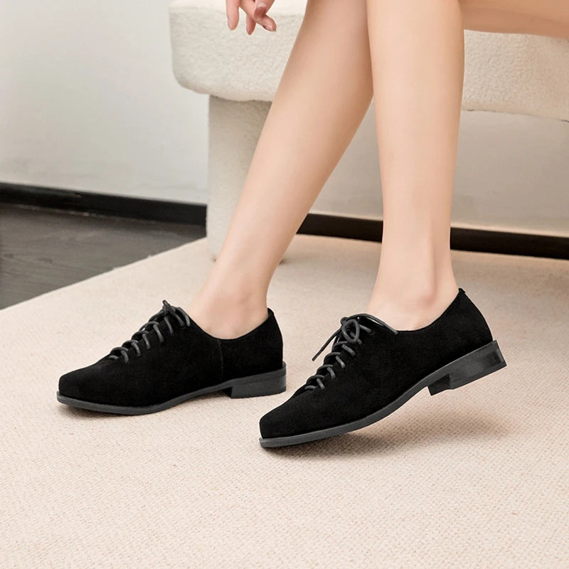 Women Loafer Lace-up 2025 New Spring Shoes Women Suede Genuine Leather Women Oxford Shoes Large Size British Style Women Shoes