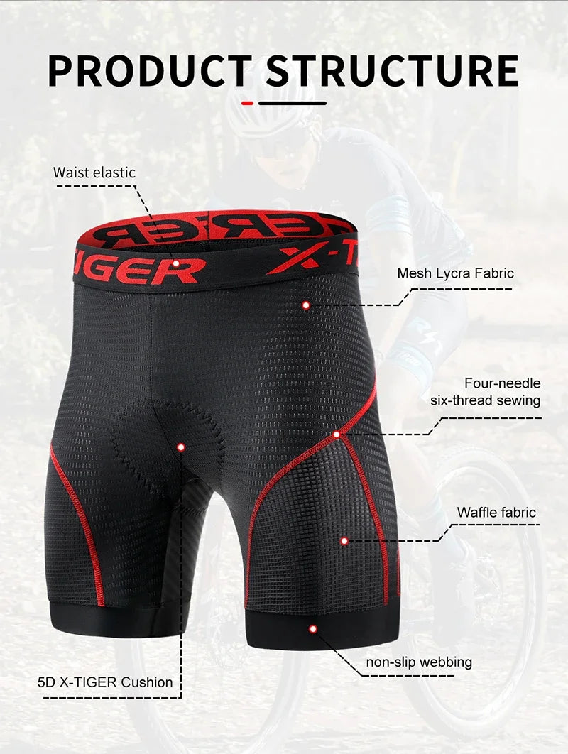 X-TIGER Cycling Underwear Men's Shorts 5D Padded Breathable Sports Riding Bike Bicycle MTB Liner Shorts with Anti-Slip Leg Grips