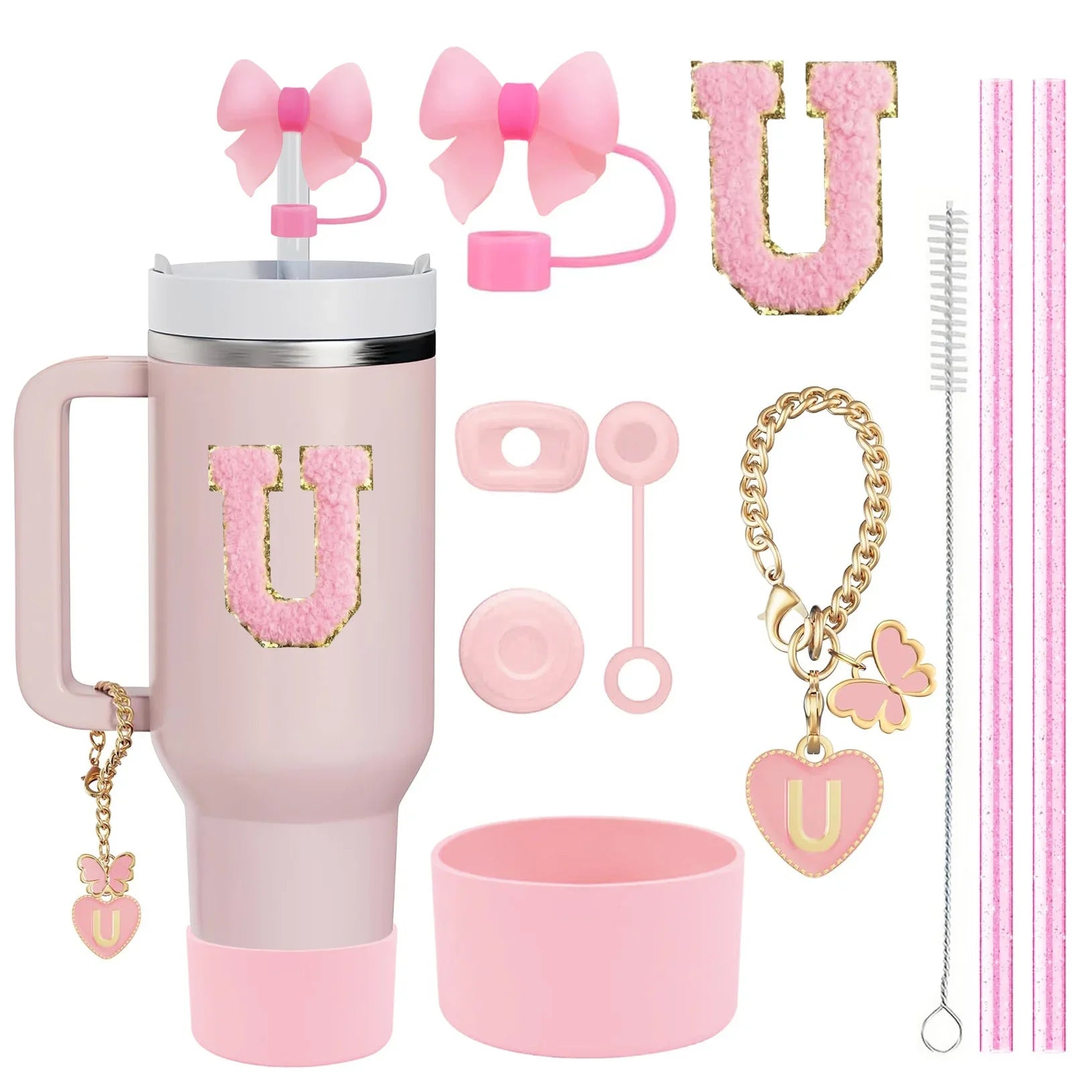 10PCS Accessories Set for Stanley Cup, 2 Straw and Brush and 1 Flower Charm Chain 3 Spill Proof Stopper Flowers Straw Cover Boot